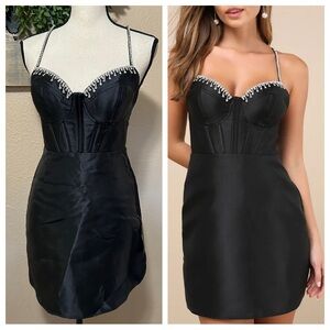 NWT Lulus Ravishing Dream Black Taffeta Rhinestone Mini Dress